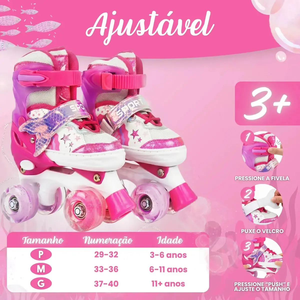 Patins Infantil 4 Rodas Sereia Ajustável Kit Proteção Menina Rosa - (m) thumbnail 2