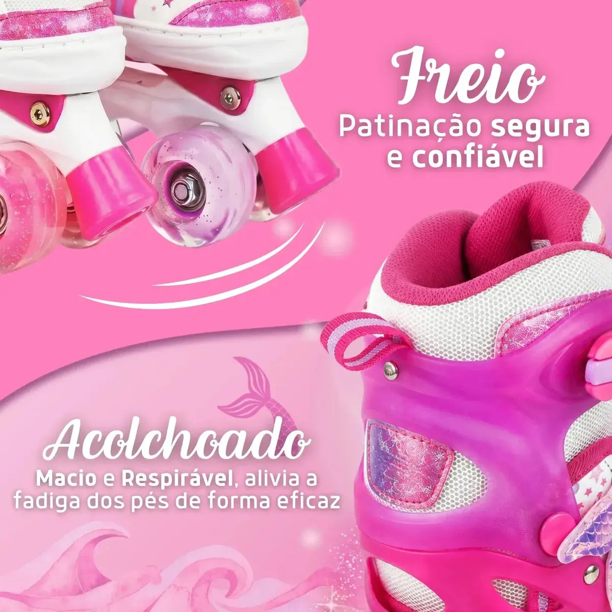 Patins Infantil 4 Rodas Sereia Ajustável Kit Proteção Menina Rosa - (m) thumbnail 3