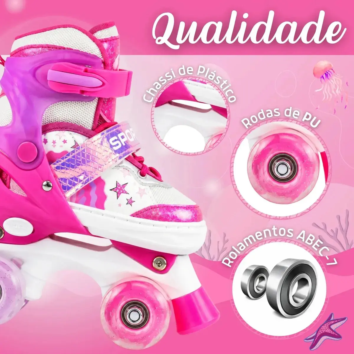 Patins Infantil 4 Rodas Sereia Ajustável Kit Proteção Menina Rosa - (m) thumbnail 4