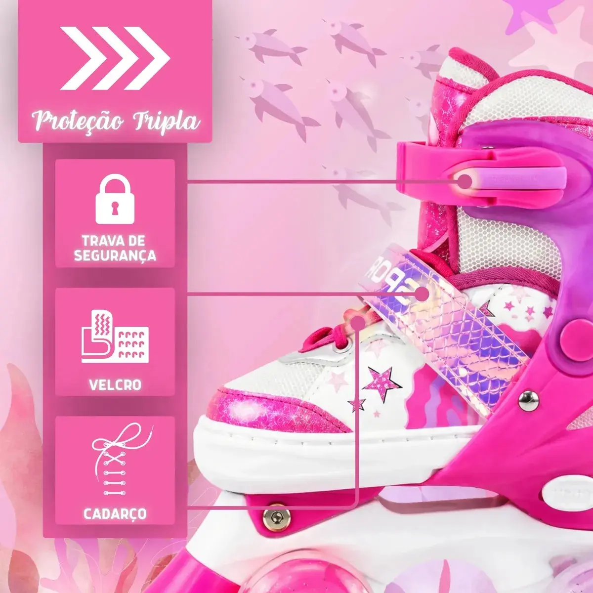 Patins Infantil 4 Rodas Sereia Ajustável Kit Proteção Menina Rosa - (m) thumbnail 5