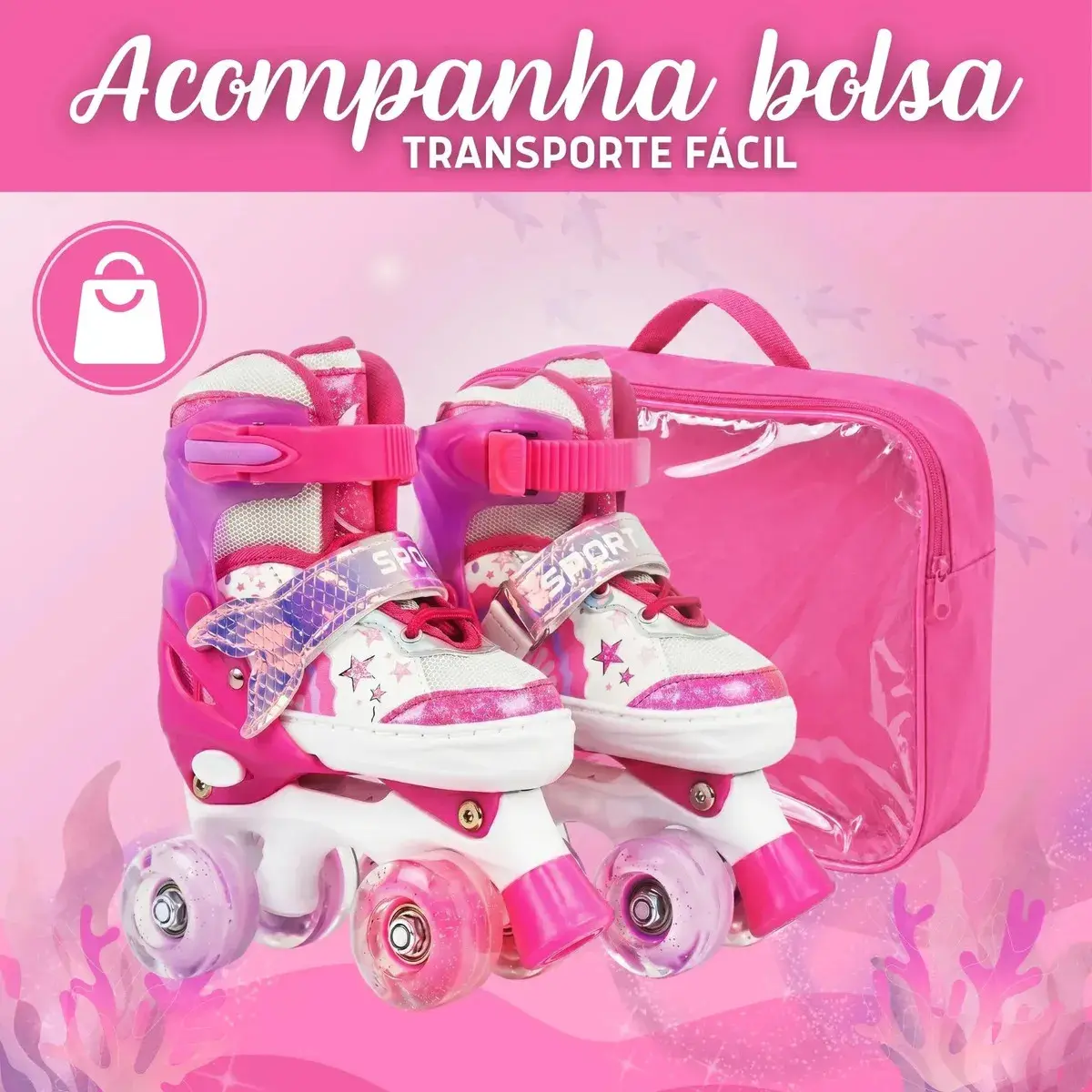 Patins Infantil 4 Rodas Sereia Ajustável Kit Proteção Menina Rosa - (m) thumbnail 6