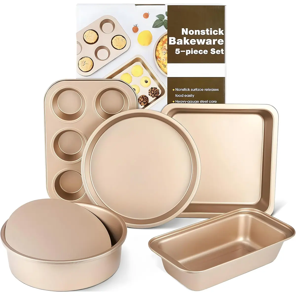 Conjunto Assadeira Antiaderente 5 Peças Tabuleiro Cozinha Reutilizável Jogo Forma Pão Bolo Alumínio com Revestimento Interno Forma Aço Assadeira Antiaderente para Cupcake e Muffin