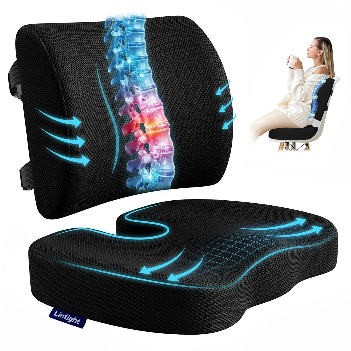 Kit 2 em 1 Almofada Cóccix Ortopédica e Apoio Lombar Espuma Viscoelástica | Alivia a Dor Do Nervo Ciático e Hemorroidas,Suporte Coluna,Casa, Escritórios, Carros e Cadeiras de Rodas.