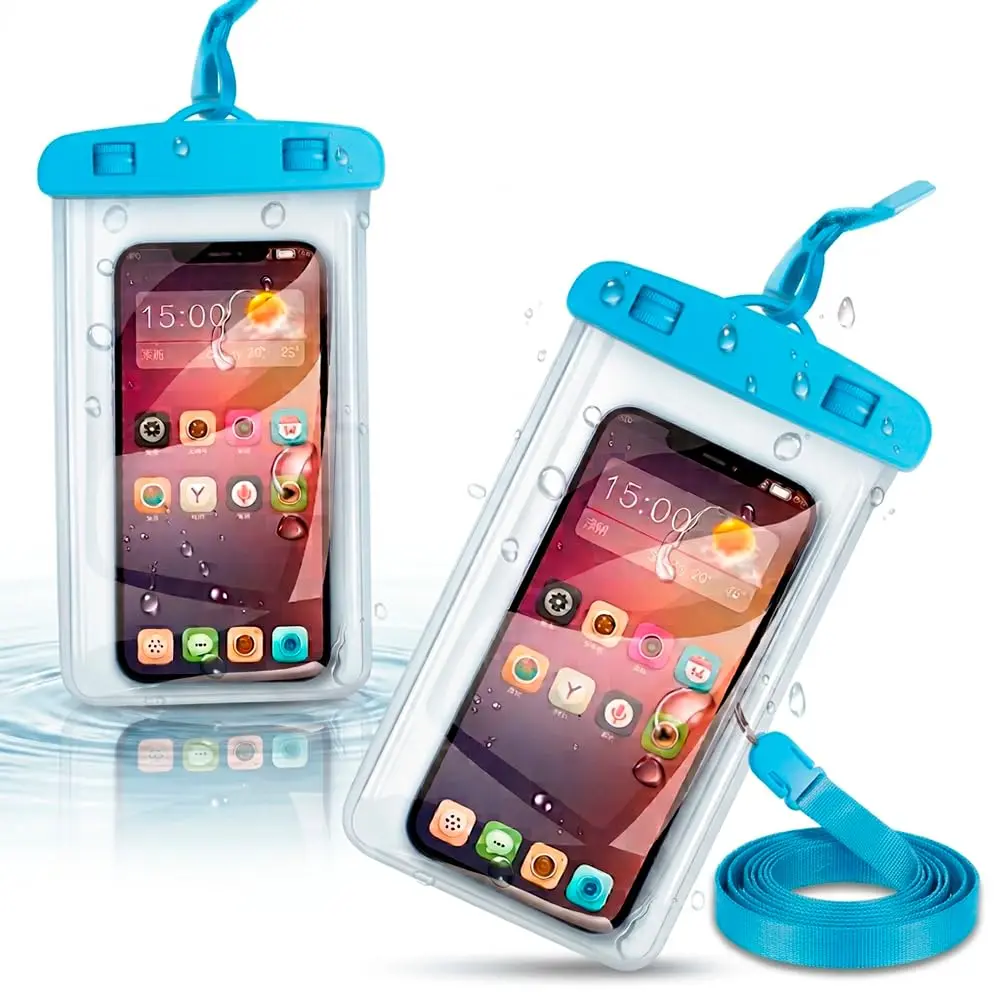 Kit 2 Capinha Impermeável Universal Para Celular C/Cordão Pescoço (AZUL) | Case P/ Tirar Foto Piscina, Praia, Parque Aquático Protege Chuva, Respingo - 1
