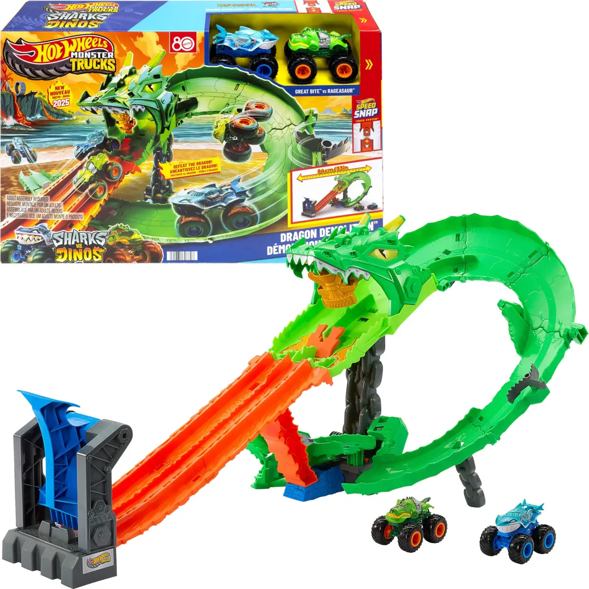 Hot Wheels Monster Trucks Pista de Brinquedo Tubarões vs. Dinossauros: - 1