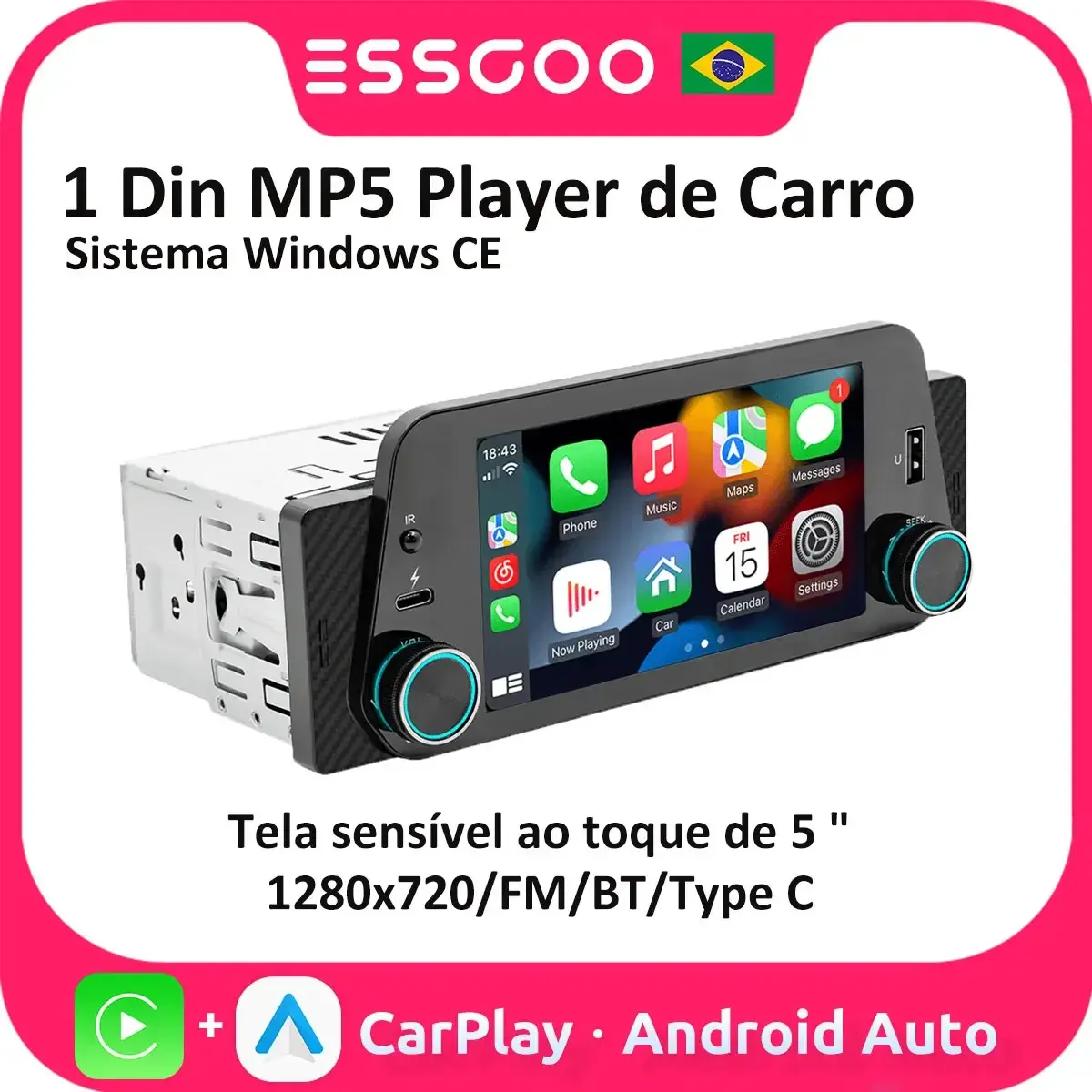 Essgoo sem fio carplay rádio do carro 5 Polegada 1din mp5 player autoradio estéreo tela de toque 1280x720 universal multimídia player - 1