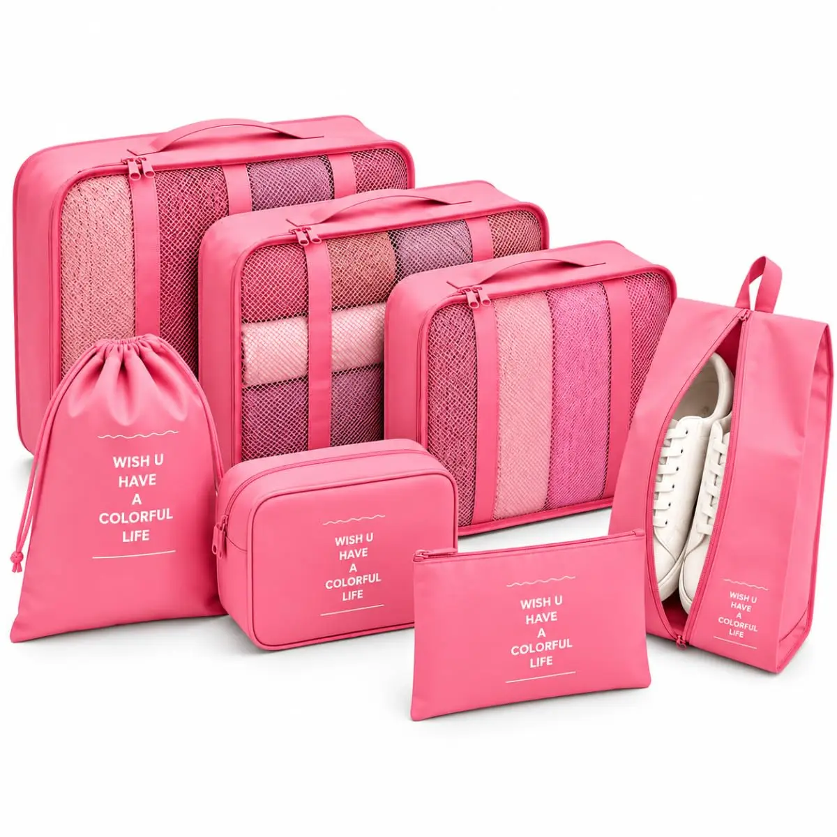 Kit Organizador de Mala Viagem 7 Peças Bolsa Organizadora Bagagem Rosa | Bolsa Organizadora de Malas para Viagens - Kit Viagem com 7 Unidades - Necessaire Organização - Roupas Sapatos Cosméticos