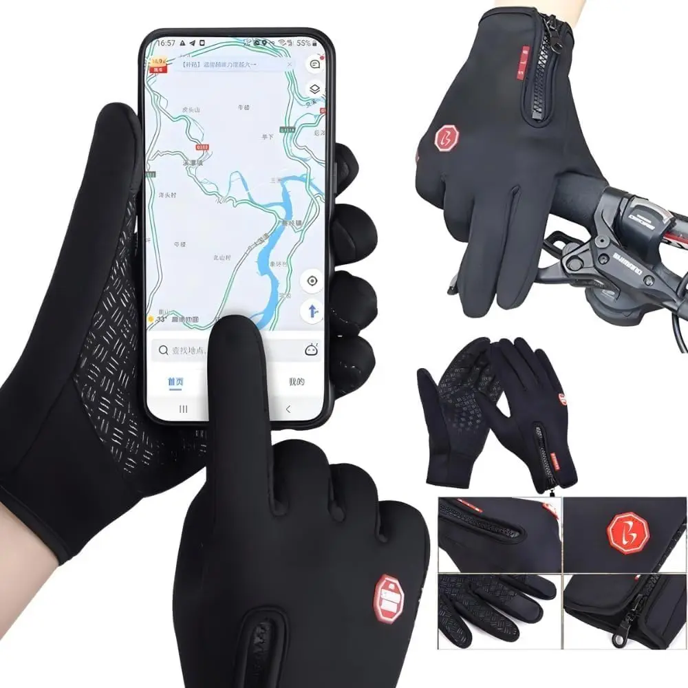 Luva Térmica Bike e Motoqueiro Touchscreen Impermeável para Frio Intenso – Antiderrapante, Corta Vento, Unissex para Inverno, Corrida e Uso Diário - Tecido premium