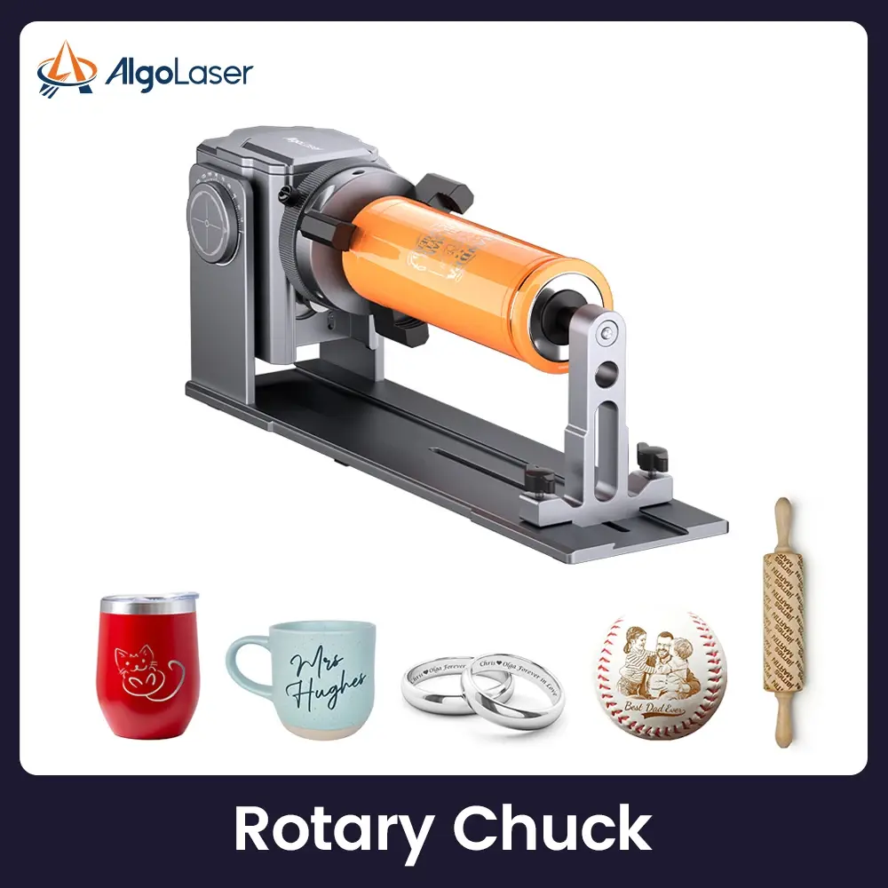 Módulo de Gravação Rotativa AlgoLaser 4 em 1 com Mandril Rotativo ARC e Rolo Rotativo no Eixo Y com 180° °   Ângulo Ajustável para Objetos Cilíndricos
