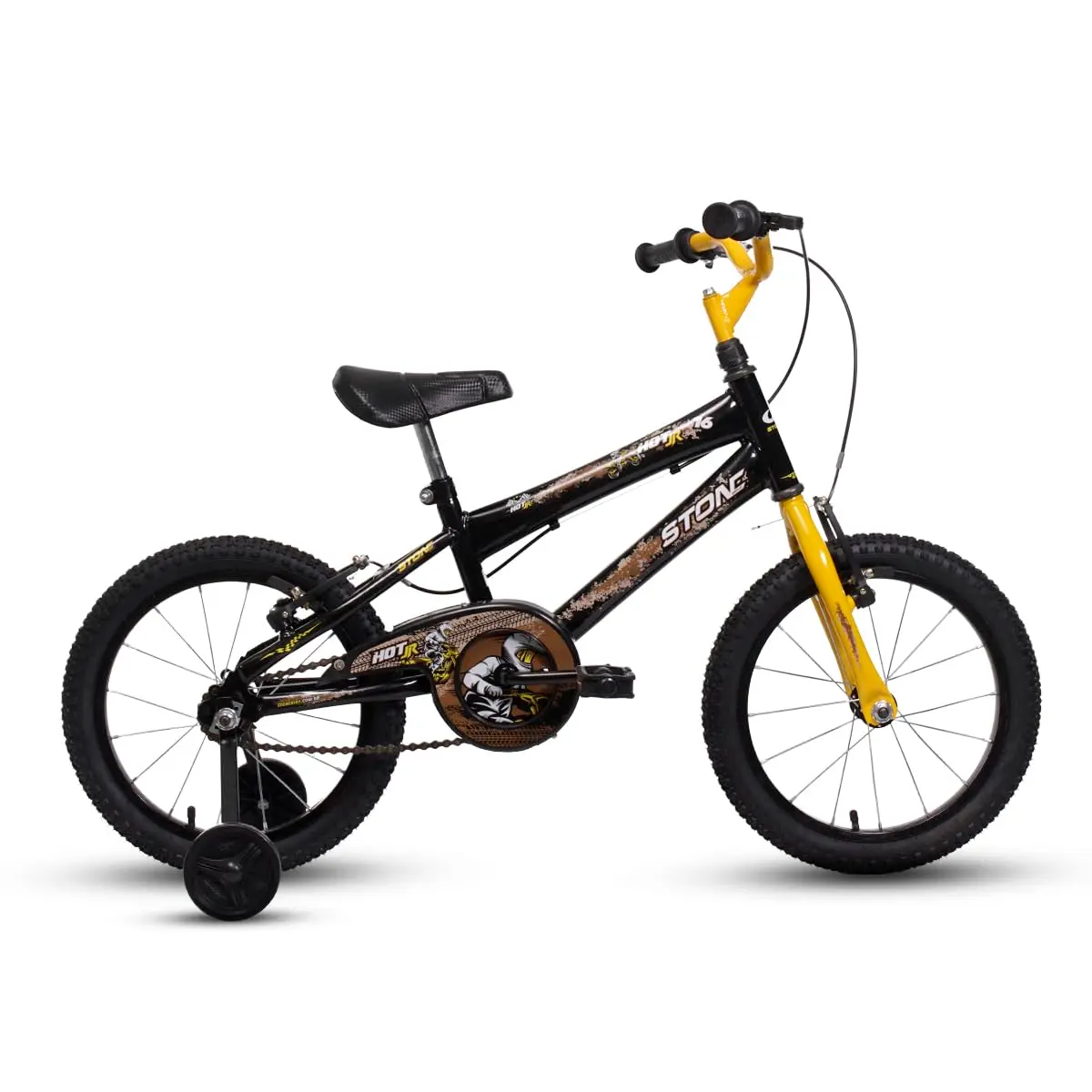 Bicicleta Infantil Hot Jr Aro 16 Menino Preta e Amarela com Rodinhas