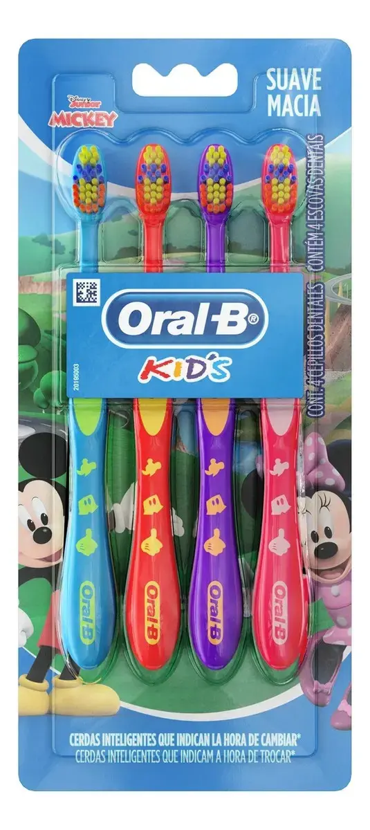Escova de Dentes Infantil Oral B Kids, para uma Limpeza Completa, Cerdas Macias, 4 Unidades, Multicolor