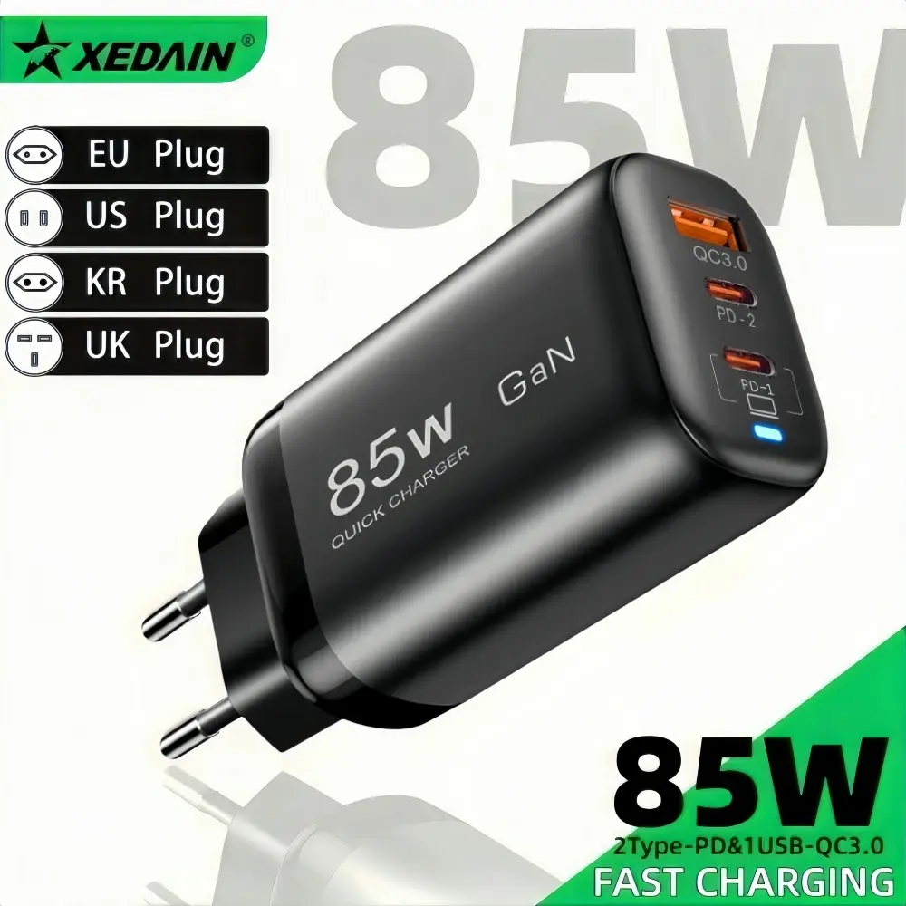 Carregador Real 85W GaN Tipo C USB QC3.0 para Laptop, iPad, PPS PD 65W com carregamento rápido para Samsung, Xiaomi, iPhone 6-16 Pro Max e outros celulares.