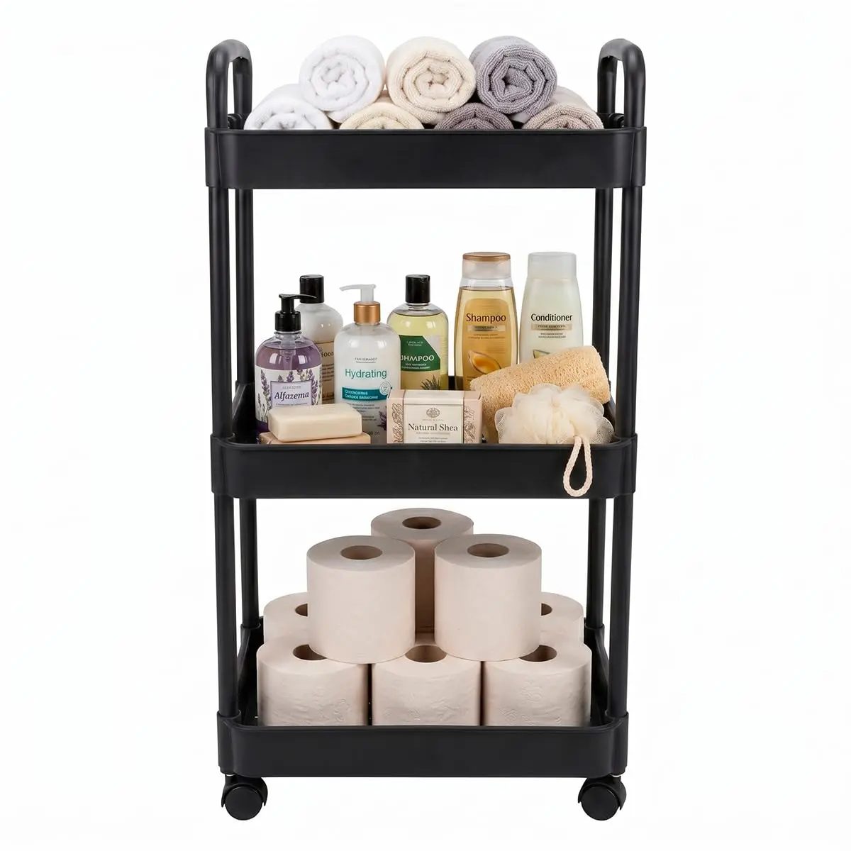 Decolab Carrinho Organizador Fruteira de Chão 3 Níveis com Rodinhas (Preto) | Estrutura plástica e prateleiras abertas. Uso na cozinha, banheiro ou lavanderia. 37 x 26,5 x 75,5 cm - 1