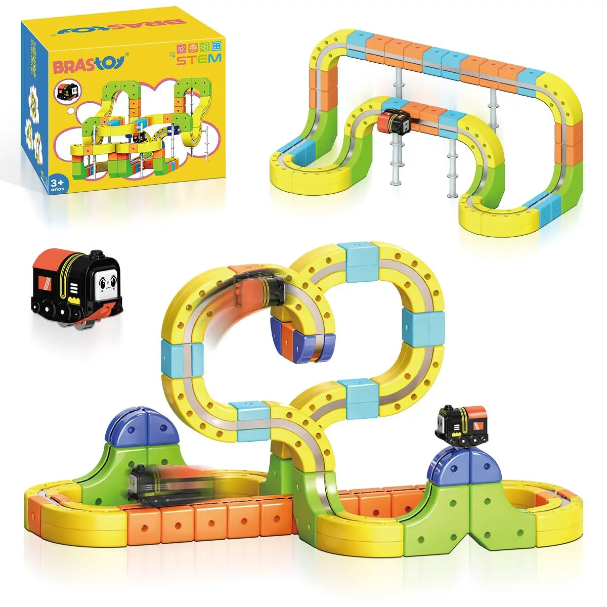 Blocos de Montar Construção Kit STEM Pista de Trem Carrinho 3D Brinquedo Infantil (105 Peças)