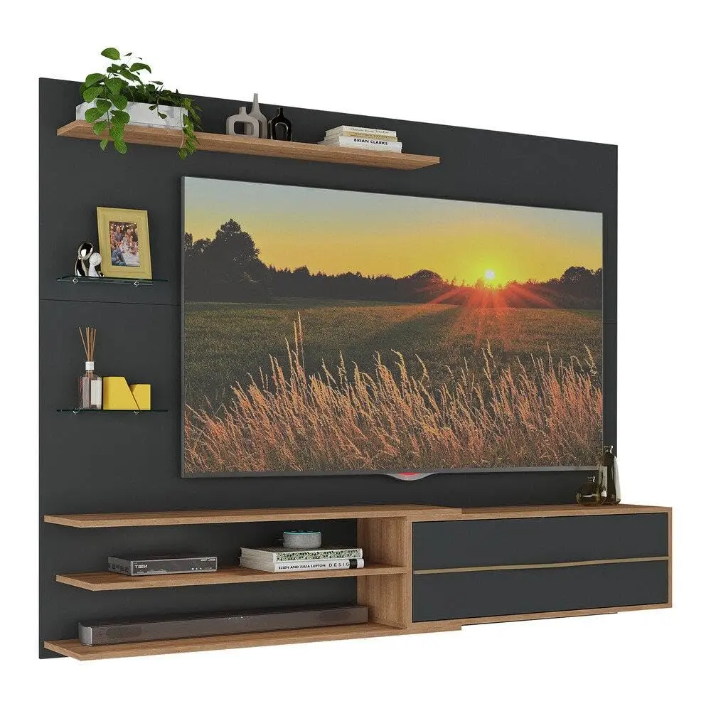 Multimóveis Painel para TV até 65 Polegadas MP1064 com 1 Porta Basculante e 5 Prateleiras Preto/Rustic