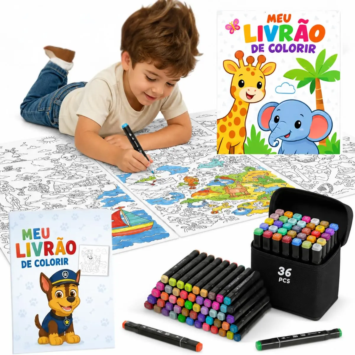 Kit 2 Livros Tapete Gigante Colorir Infantil + Estojo 36 Canetas Marcadores | Persornagens Cachorro Animais Educativos e Interativos 96 x 66 cm Brinquedo de Pintura Infantil Desenho Animado Presente
