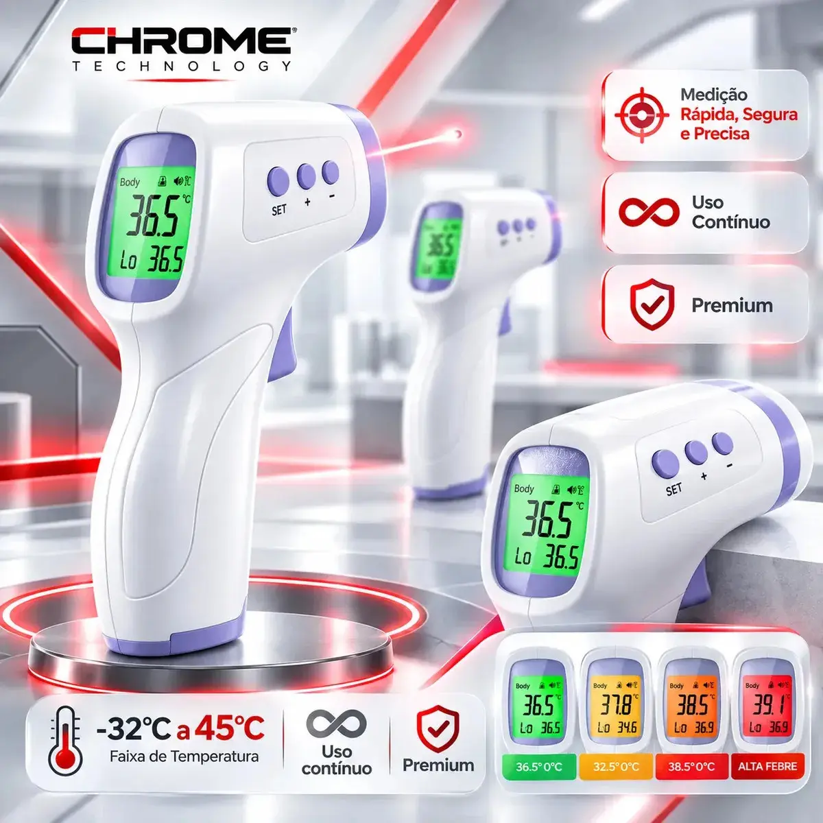 Termômetro Infravermelho Sem Contato Digital Medição Rápida Alta Precisão Display Lcd Memória Alarme Sensor Chrome Technology - 1