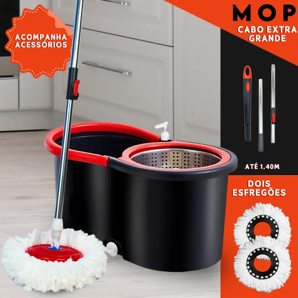 Mop Giratório 360 Cabo 140cm Balde Centrífuga Cesto Inox 14L 2 Refis Microfibra Esfregão Spin - 1