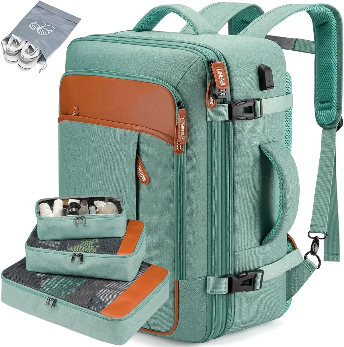 Mochila de viagem Carry On para mulheres e homens, mochila expansível aprovada para voos, comporta notebook de 17 polegadas com trava TSA e carregador USB.