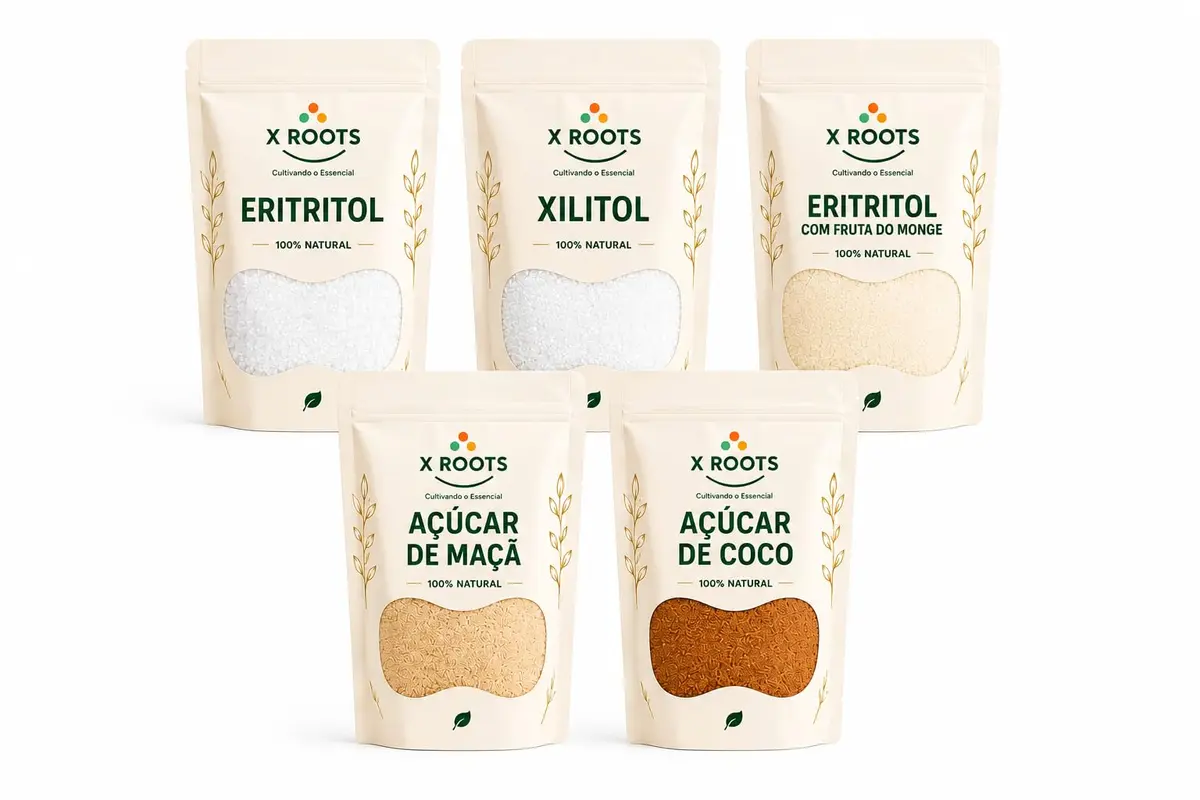Kit Adoçantes Naturais Premium X Roots – Eritritol, Xilitol, Açúcar de Maçã, Açúcar de Coco e Eritritol com Fruta do Monge – Alternativas Naturais para Receitas e Bebidas