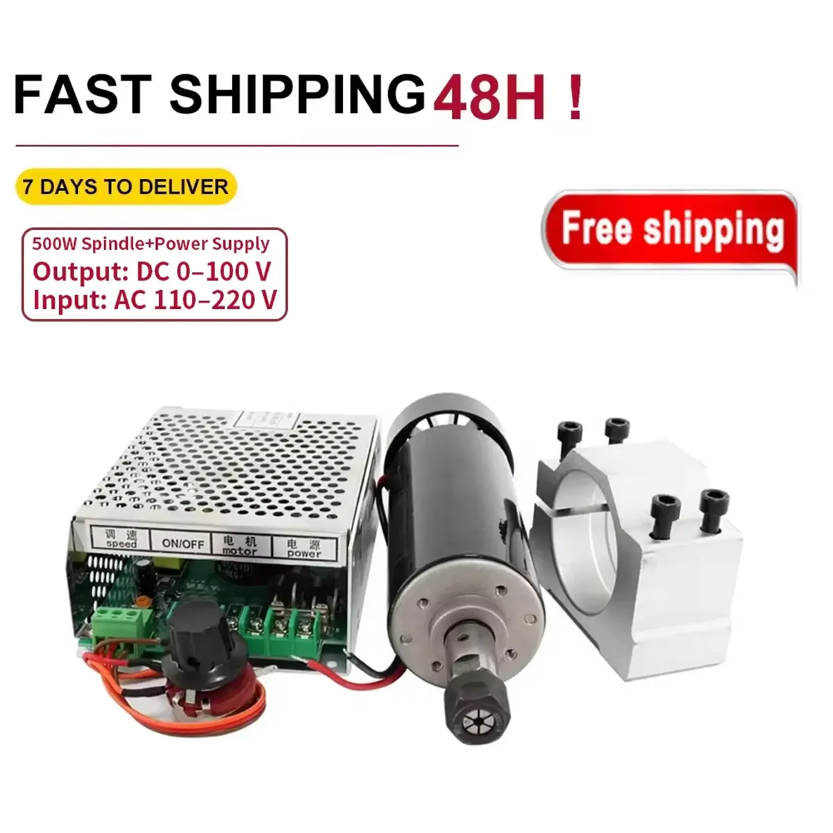 Motor de Eixo Refrigerado a Ar de 500W + Mandril + Grampos de 52mm + Fonte de Alimentação com Controle de Velocidade