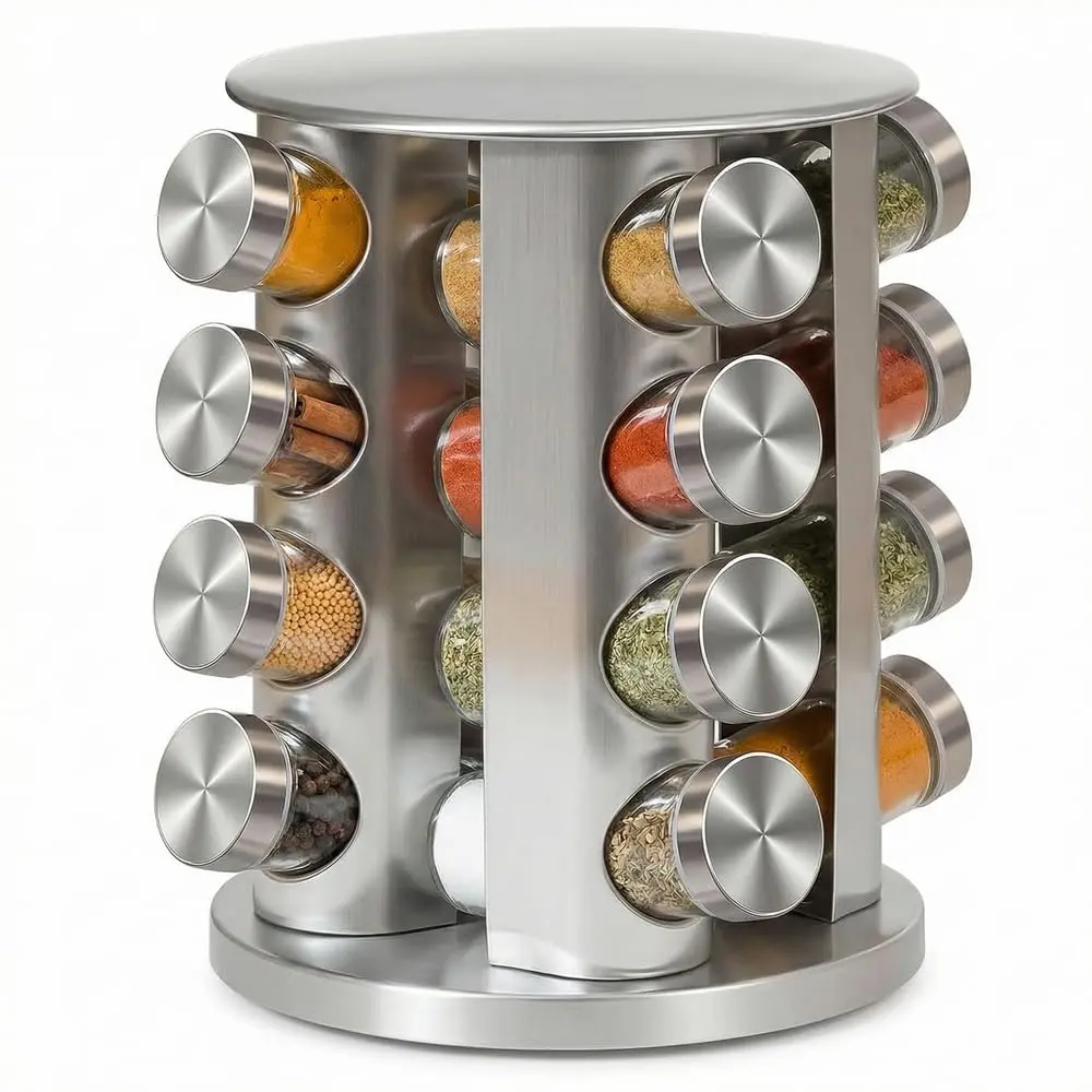 Porta Temperos Giratório com 12 Potes de Vidro, Base Giratória 360°, Estrutura em Aço Inox ou Plástico Preto, 90ml cada Pote, Organizador de Condimentos para Cozinha (Inox)