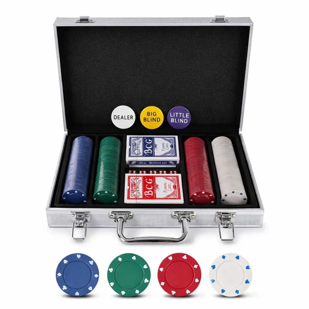 Jogo de Poker Profissional Premium com 200 Fichas Maleta de Alumínio Luxo com Espuma Kit Completo com 2 Baralhos e 5 Dados