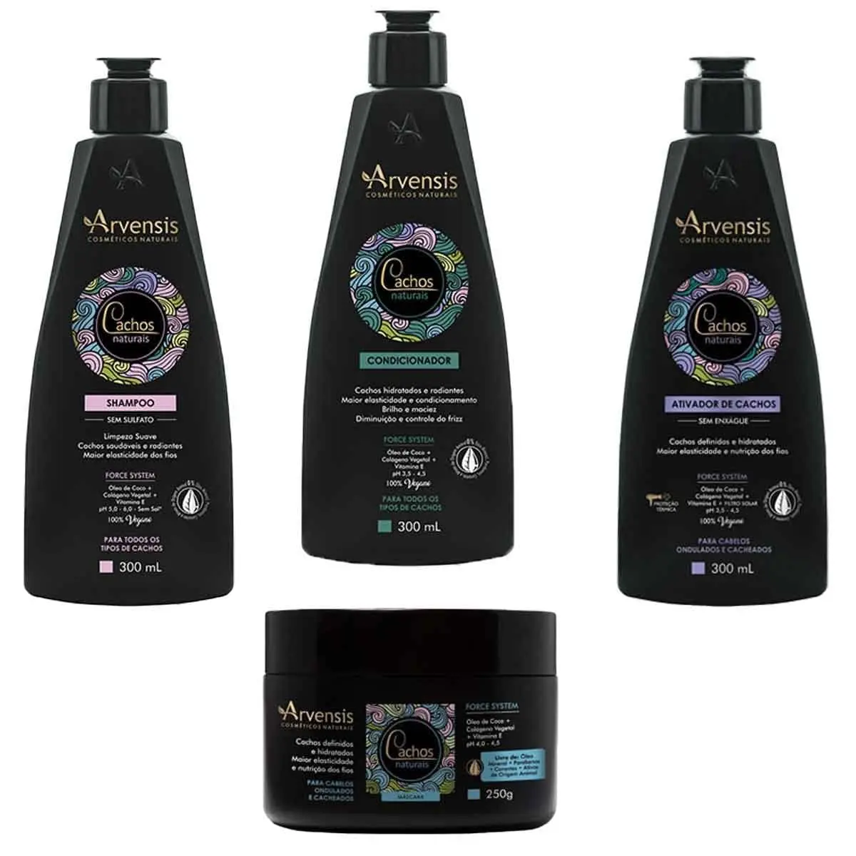 Kit Cabelo Cacheado Arvensis Cachos Naturais - Definição, Hidratação, Low Poo, Vegano - Shampoo, Condicionador, Ativador 300ml, Máscara 250g