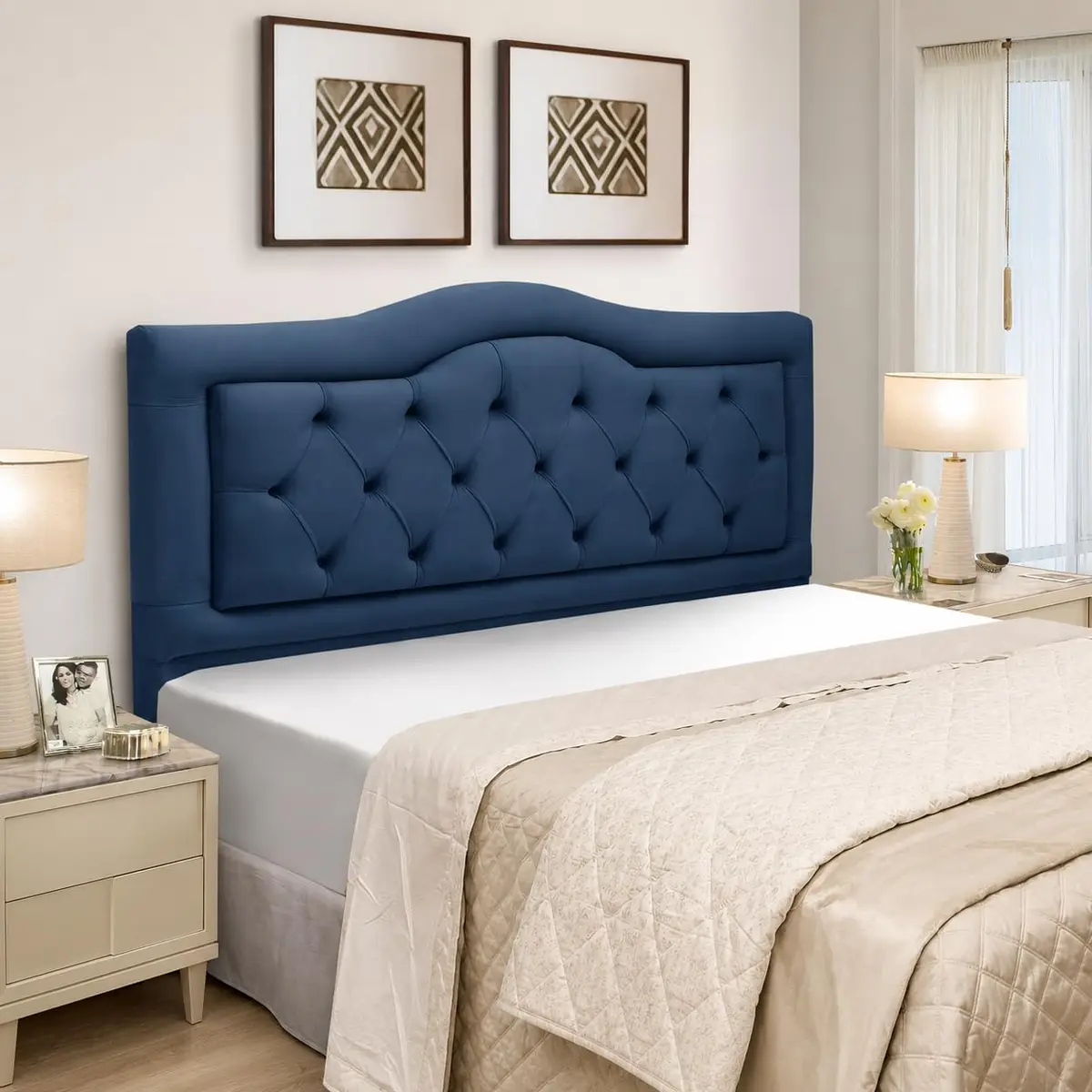 Cabeceira Queen Estofada Madeira Eucalipto Belinha Veludo (Azul)