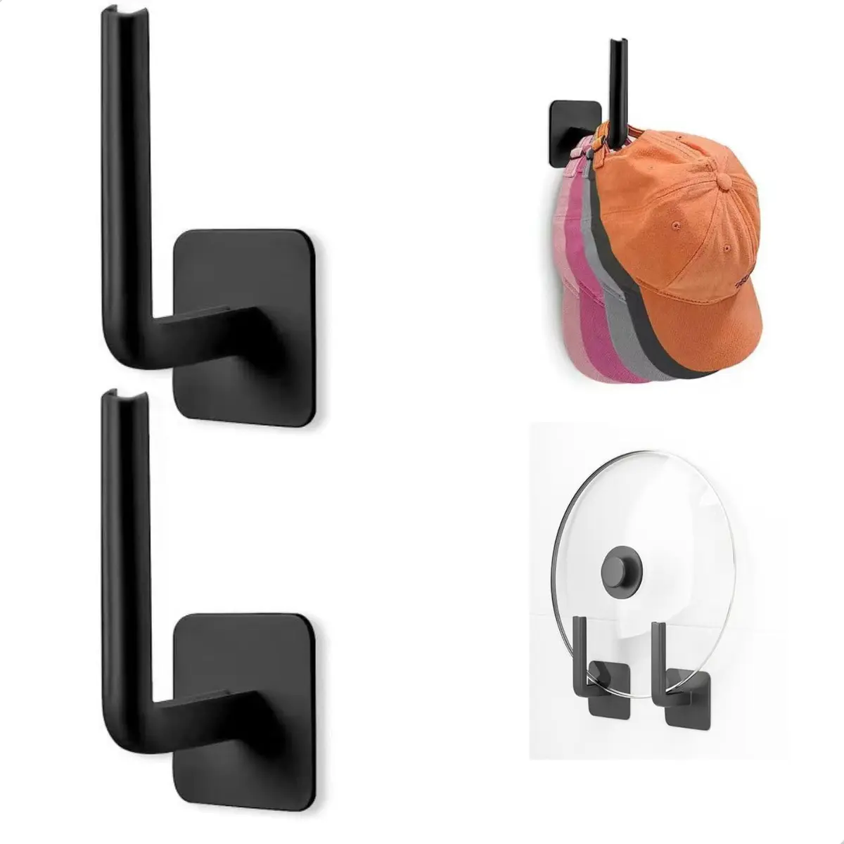 Suporte para Bonés Adesivo de Parede, Kit com 2 Ganchos Pretos, Instalação Sem Furadeira