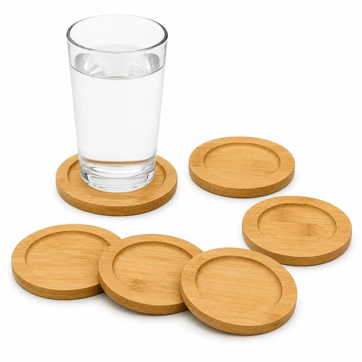 Kit 6 Porta Copos de Bambu Redondo 10cm Descanso Antimancha | Conjunto com 6 Unidades, Diâmetro de 10cm, Antimancha, Formato Redondo, Material Bambu