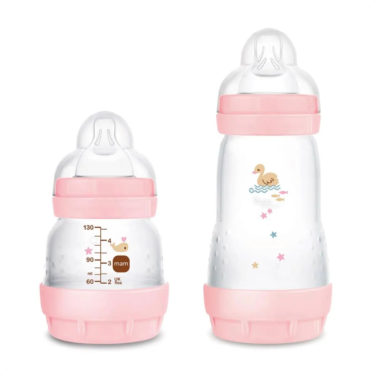MAM Baby Kit 2 Mamadeiras Easy Start Starter Set Anticólica e Menos Bolhas de Ar, para Crianças 0+ Meses Autoesterilizável e com Bico de Silicone Skinsoft, Rosa