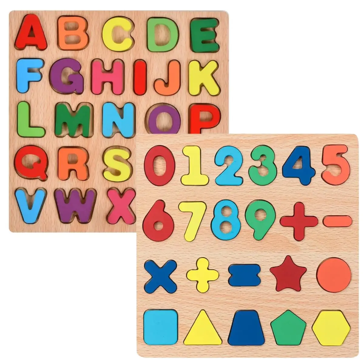 Kit 2 Tabuleiros Educativos Montessoriano em Madeira, Alfabeto, Números e Formas, Colorido, Brinquedo Pedagógico para Aprendizagem Infantil