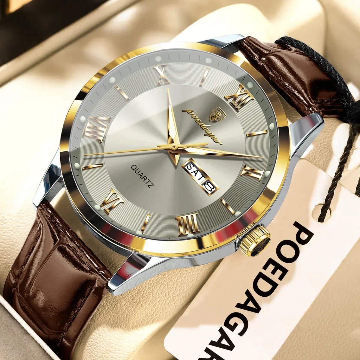 Poedagar relógio de moda original para homem couro data semana quartzo relógio masculino à prova dwaterproof água luminosa negócios relógios masculinos reloj