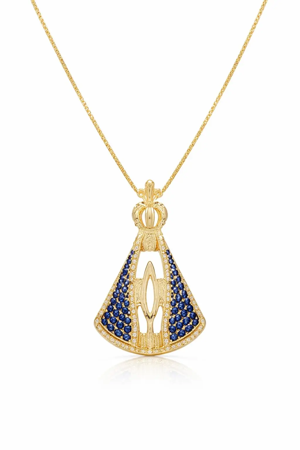 Colar Nossa Senhora Aparecida Manto Azul Banhado Ouro 18K Semi Joia 45cm