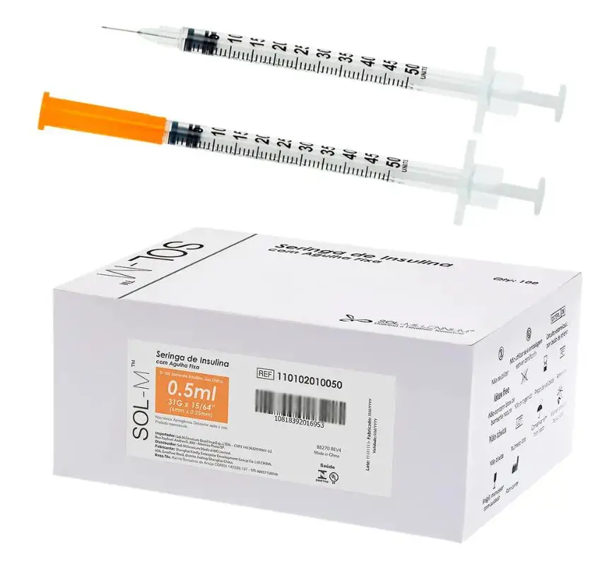 Seringa Insulina C Agulha Fixa 0,5ml 0,25mm X 6mm 31g 100un