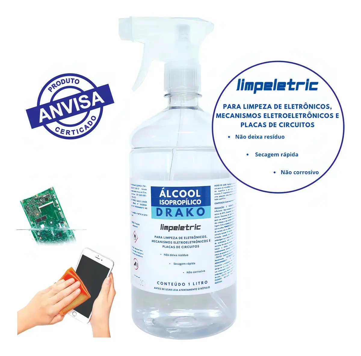 Álcool Isopropílico Drako 99,8% 1L Limpeza Eletrônicos Borrifador - 1