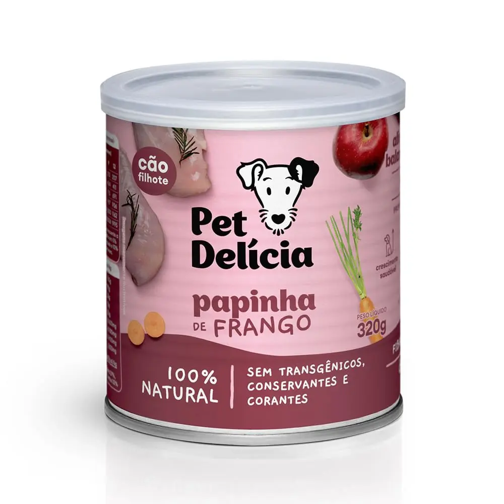 Pet Delícia Papinha de Frango 320g, Ração Úmida para Cães Filhotes | Peito de frango, maçã e legumes, crescimento saudável