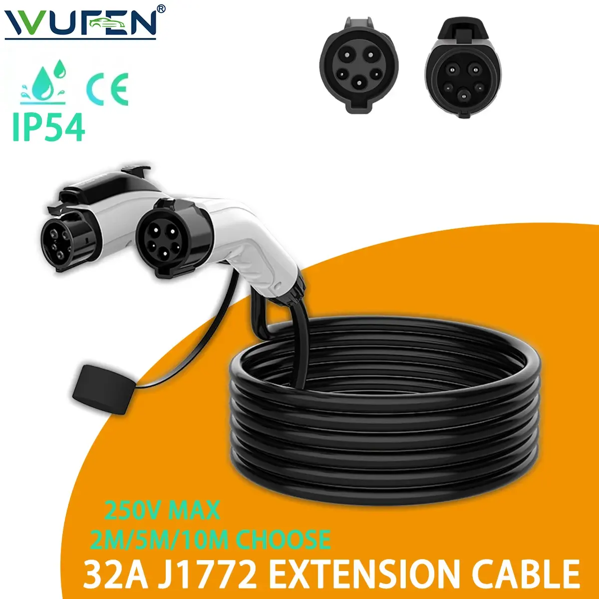 Cabo de Extensão para Veículos Elétricos WUFEN 32A 2M/5M/10M, Plugue Fêmea J1772 para Plugue Macho Tipo 1 - 1