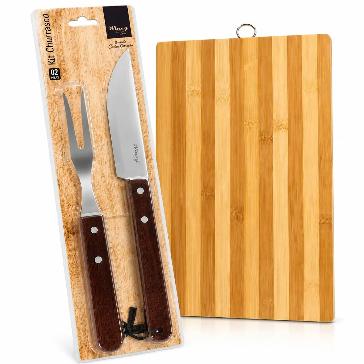Kit Churrasco Faca e Garfo Inox com Tábua de Bambu Antibacteriana | Bambu na tábua antibacteriana garfo e faca em inox