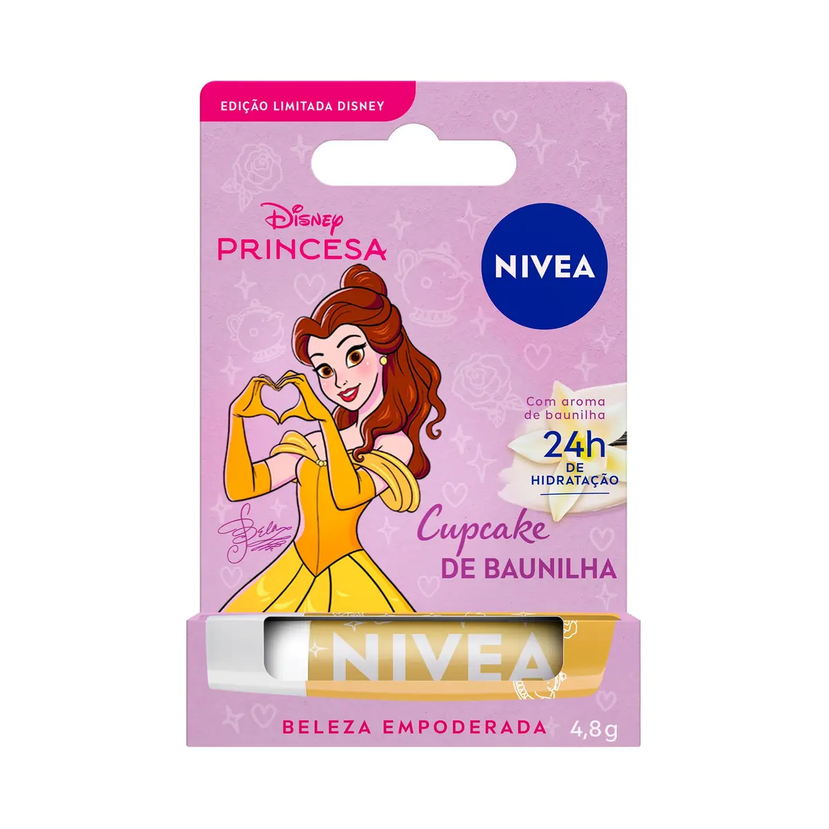 NIVEA Hidratante Labial Cupcake de Baunilha Ed. Limitada Bela Disney® Princesa 4,8g, Hidratação Intensa 24h, Cor Suave, Brilho Delicado, Manteiga de Karité