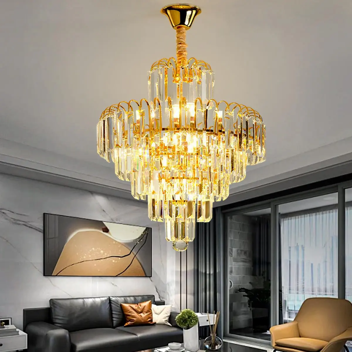 Lustre de Cristal Clássico LED - Luminária de Vidro para Sala com Iluminação Aconchegante, Lustre Romântico para Quarto e Sala de Jantar (40cm-6 camadas de cristal)