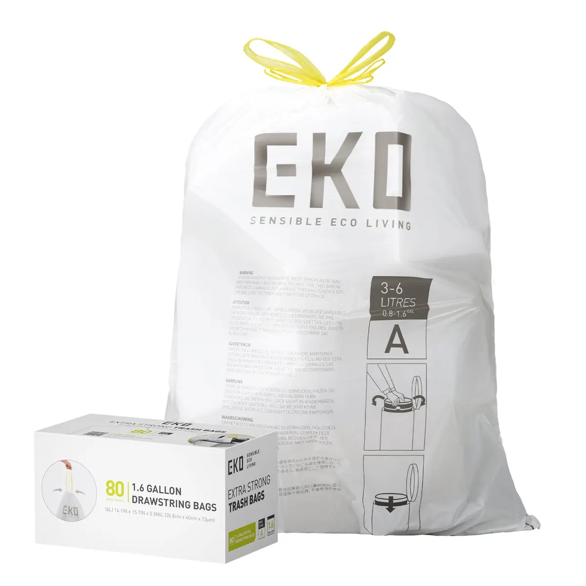 EKO 3 a 6 litros, 80 sacos de lixo pequenos com cordão, sacos de lixo extra fortes sem cheiro, rolo de fácil distribuição para cozinha e uso doméstico, resiste a rasgos, vazamentos e perfurações - 1