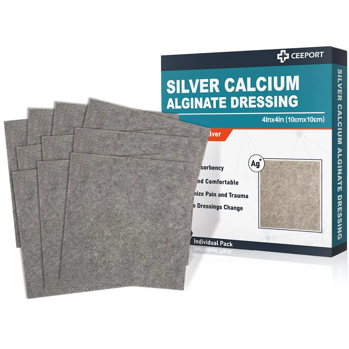 Ceeport Pensos Para Feridas De Alginato De Cálcio Ag Prata, Adesivos De 4''X4'', Pacote Individual De 10, Curativos De Prata Macios Para Tratamento De Feridas, Curativo Suave E Altamente Absorvente, C