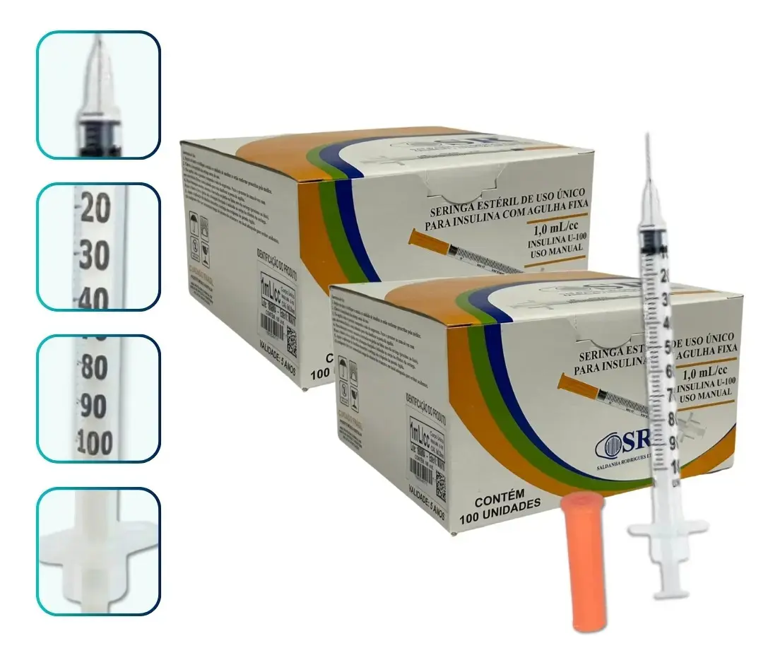 Seringa Insulina com Agulha Fixa 1ml 8mm X 0,30mm 200un SR