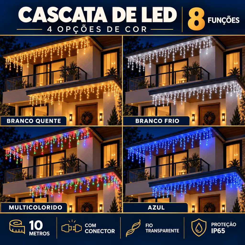 10m Cascata 400 Led 8 Funções Decoração Natal 110v 220v Conexão Macho Branco Frio Quente Pisca Pisca Enfeites de Natal - 1