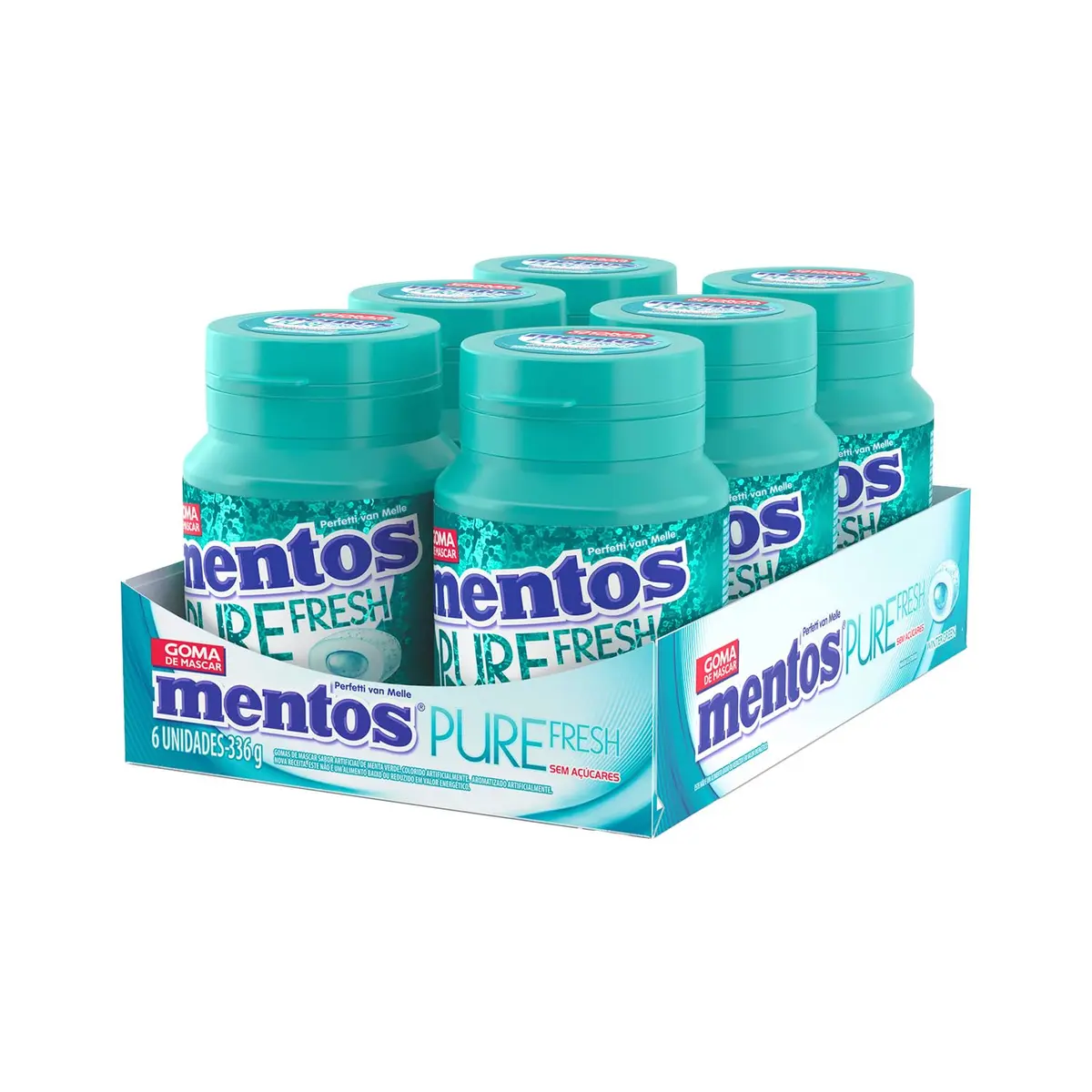 Mentos Pure Fresh Wintergreen Goma de Mascar Sem Açúcar Sabor Menta Verde - Display 336g | 6x56g