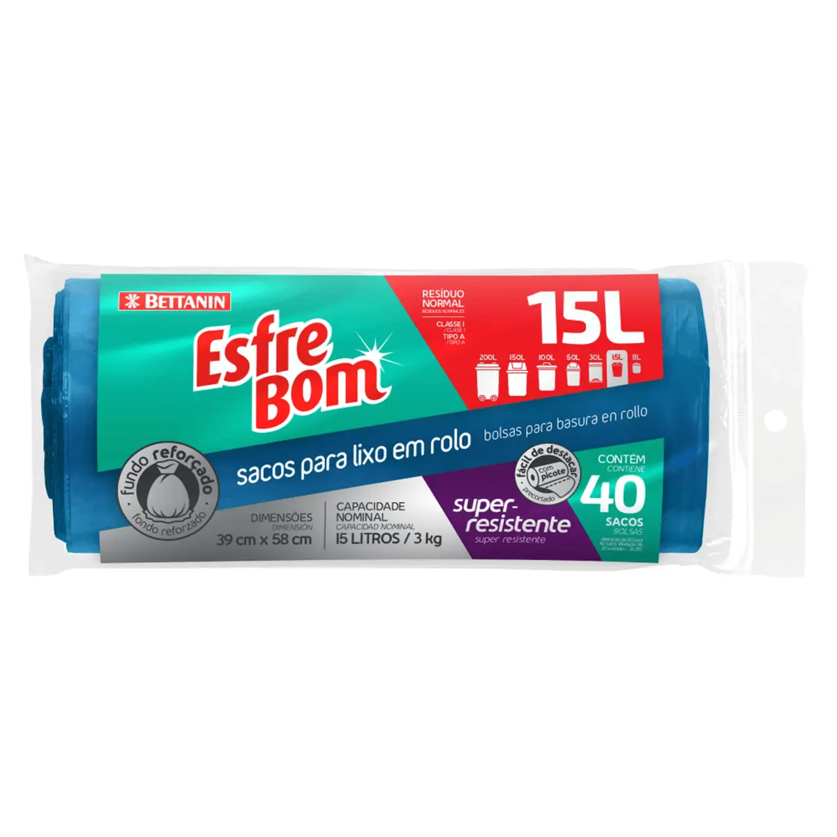 EsfreBom - Saco para Lixo Rolo com 40 Sacos de 15 Litros, Cor Azul, Bettanin - 1