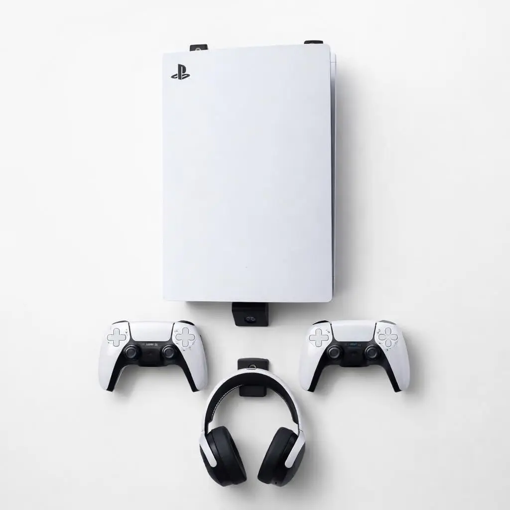 Suporte de Parede para PS5 com Porta Controle e Headset, Organização Gamer, Fixação Segura, Joystick Compatível com PS5 Padrão, Slim, Digital e Pro, Bucha e Parafuso TimeClick