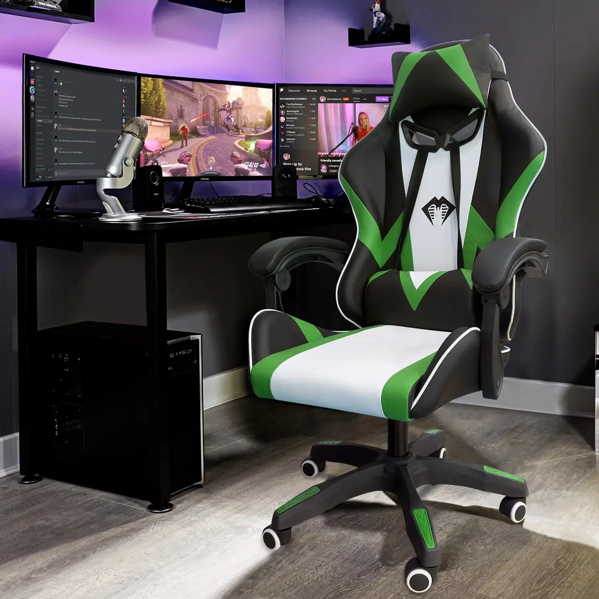 Cadeira Gamer Python Fly, Design Estilo Gamer, Tecido Respirável, Design Ergonômico (Verde)